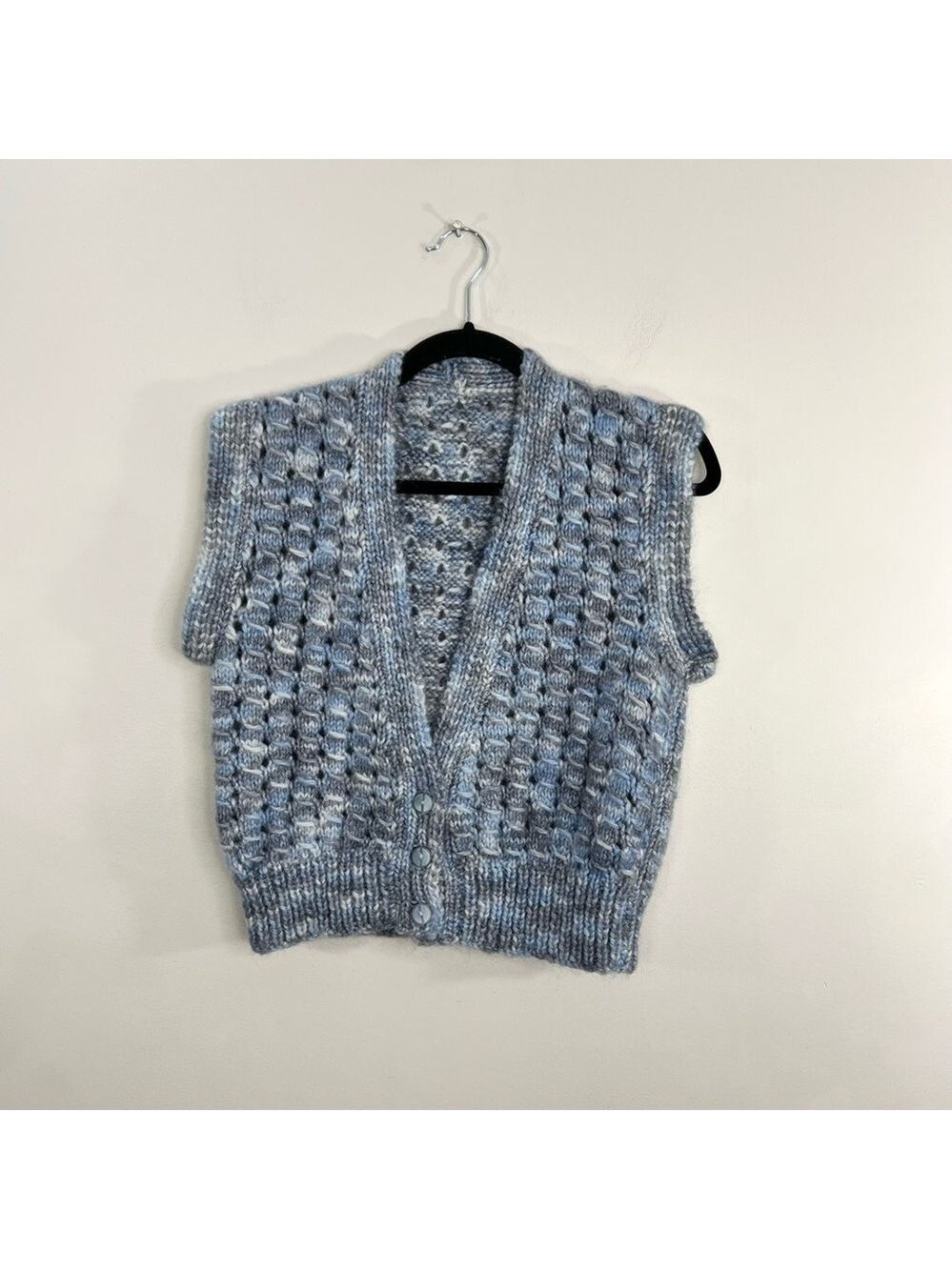 Retro cropped hand knit grey blue melange old money sweater vest - Picture 4 of 13